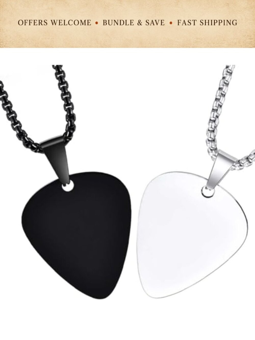 Stainless Steel Guitar Pick Pendant Necklace 2-Piece Set Musician Gift